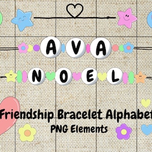 May include: A digital graphic featuring the words "AVA" and "NOEL" spelled out with white letter beads. The design includes colorful star, flower, and heart accents, with the text "Friendship Bracelet Alphabet PNG Elements" at the bottom. The background is a textured, neutral color.