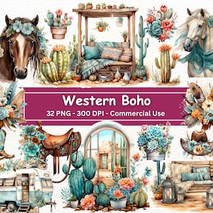 Paquete de imágenes prediseñadas de vaquera occidental Teal Boho, conjunto de 32 PNG, fabricación de tarjetas, artesanía de papel digital, sublimación, uso comercial