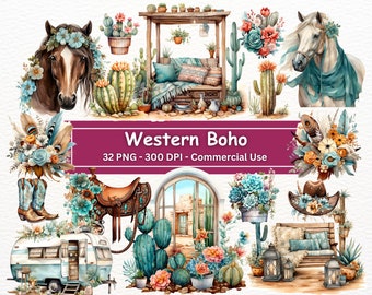 Teal Western Cowgirl Clipart Bundle: Boho PNG Set (Digital Download)