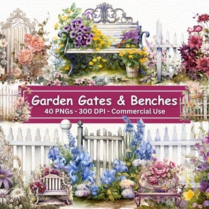 May include: A collection of 40 digital images featuring watercolor illustrations of garden gates, benches, and flowers. The images are high-resolution, 300 DPI, and suitable for commercial use.