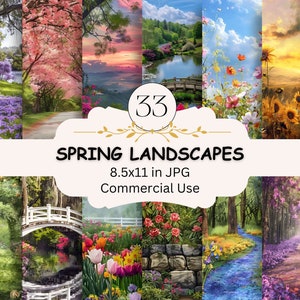Papel digital de paisagens de primavera, conjunto JPG de 33, fundos de árvores florais de primavera, cartões, diário de lixo, álbum de recortes, artesanato em papel digital