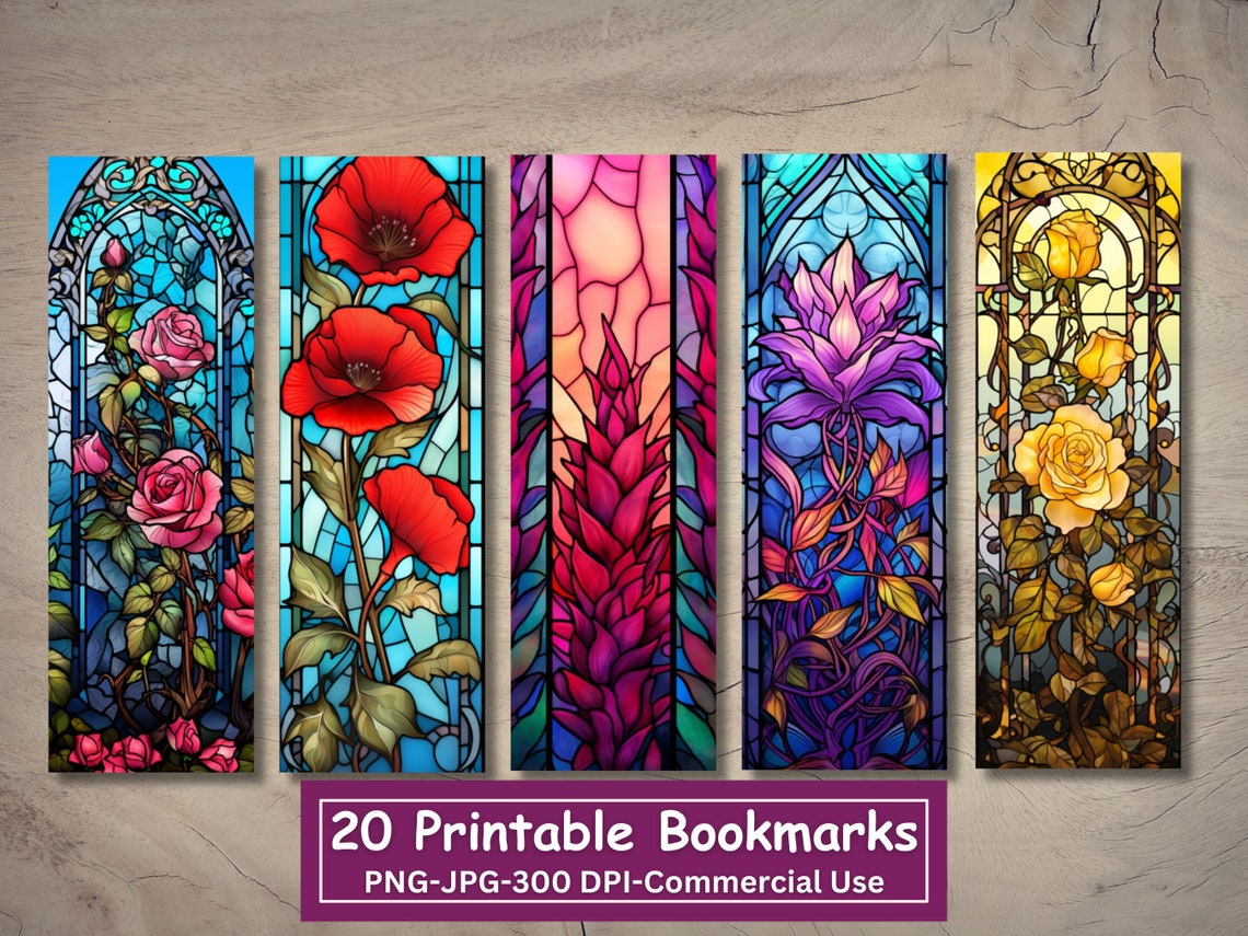 Stained Glass Flowers Printable Bookmarks: 20 PNG/JPG Designs (digital ...