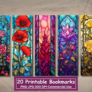 Stained Glass Flowers Printable Bookmarks Bundle, Set Of 20 PNG/JPG Bookmark Designs, Sublimate, Print and Cut, Commercial Use