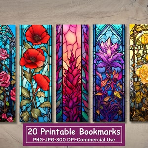 Stained Glass Flowers Printable Bookmarks Bundle, Set Of 20 PNG/JPG Bookmark Designs, Sublimate, Print and Cut, Commercial Use