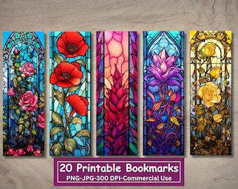 Stained Glass Flowers Printable Bookmarks Bundle, Set Of 20 PNG/JPG Bookmark Designs, Sublimate, Print and Cut, Commercial Use