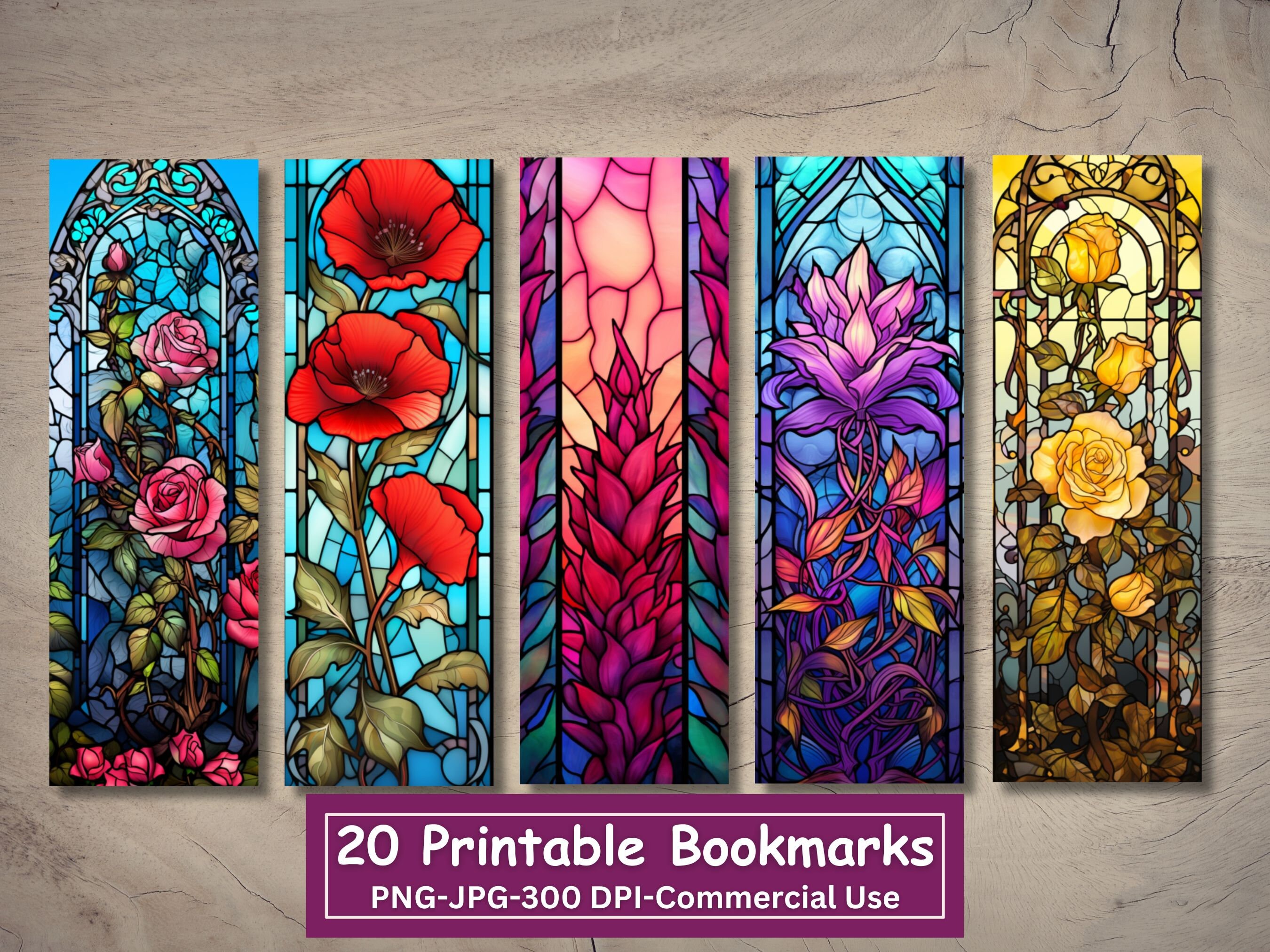 Stained Glass Flowers Printable Bookmarks: 20 PNG/JPG Designs (digital ...