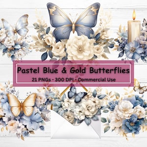 Clipart farfalla floreale blu e oro, 21 PNG, clipart fiore farfalla acquerello, download istantaneo, scrapbooking, creazione di carta digitale