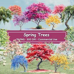Aquarell Frühlingsbäume Clipart Bundle, 78 PNG-Set, Glyzinien, Sakura, Kirschblütenzweige, Hartriegel, Magnolie, Pfirsichblüte