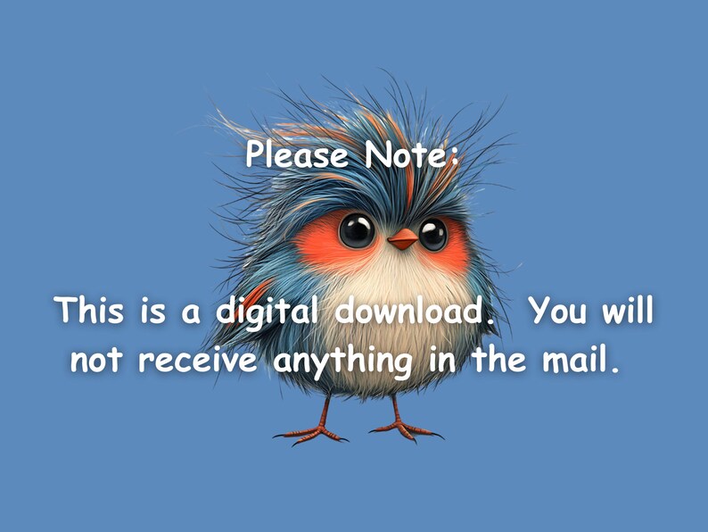 Peut inclure: Un oiseau de dessin anim&eacute; avec des plumes bleues et rouges et de grands yeux. Le texte "Veuillez noter : Ceci est un t&eacute;l&eacute;chargement num&eacute;rique. Vous ne recevrez rien par la poste." est sous l'oiseau.