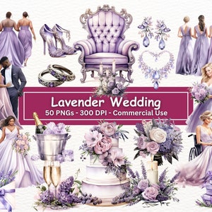 Lavendel Hochzeit Clipart Bundle, Set von 50 transparenten PNGs, Braut Bräutigam Clipart, digitaler Download, Scrapbooking, Junk Journal, kommerzielle Nutzung