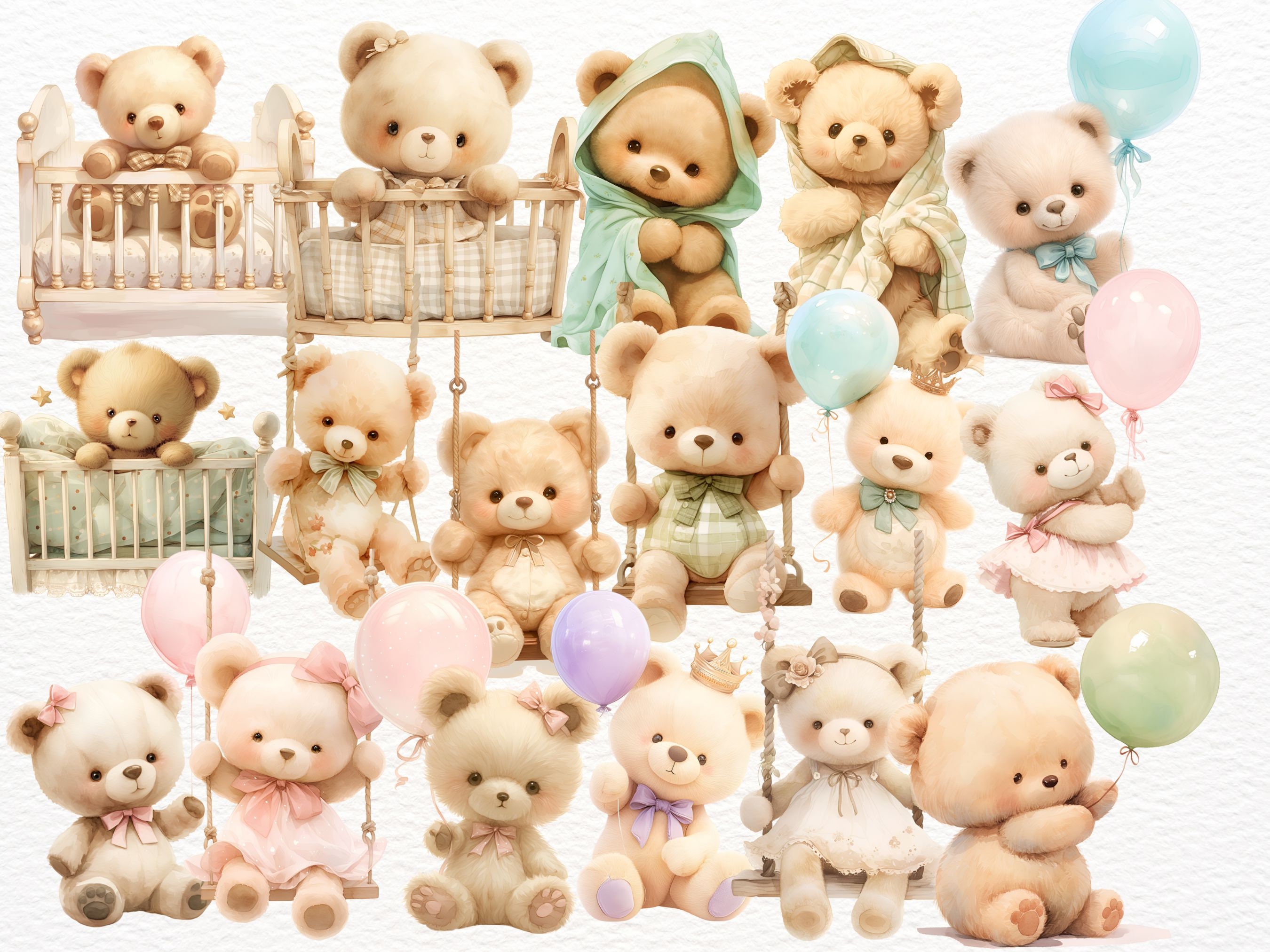 Watercolor Teddy Bear Clipart Bundle: Baby Shower PNG Images (digital ...