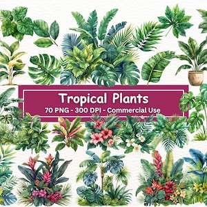 Tropical Jungle Plants Clipart Bundle, 70 PNG Images, Commercial Use, Floral Garden Digital Download, Junk Journal, Scrapbook, Plant PNGs