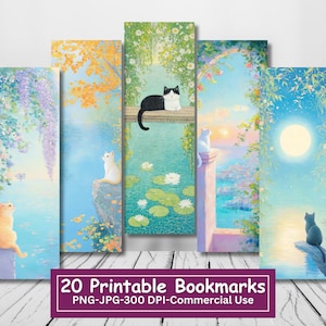 Lot de marque-pages imprimables chats mignons, impression JPG et pages découpées, tigré, chat smoking, 20 marque-page PNG sublimation, usage Commercial