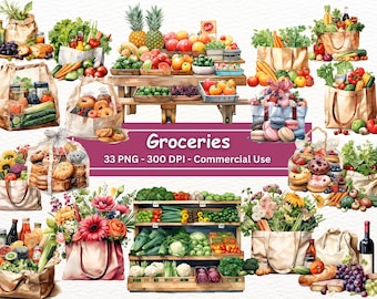 May include: A watercolor illustration of various grocery items, including fresh produce, baked goods, and pantry staples, arranged in bags and on a wooden table. The illustration is labeled "Groceries 33 PNG - 300 DPI - Commercial Use".