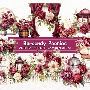 Aquarell Burgunder Pfingstrosen Clipart Bundle, 28 PNG-Set, Botanische Kunst, Kartenherstellung, Journaling, rote Blumen, digitaler Download, kommerzielle Nutzung
