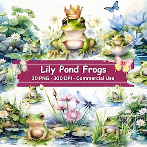 Lily Pond Cute Frog Clipart, 30 PNGs, download digital para impressão, libélulas, flores, nenúfares, artesanato em papel digital, uso comercial