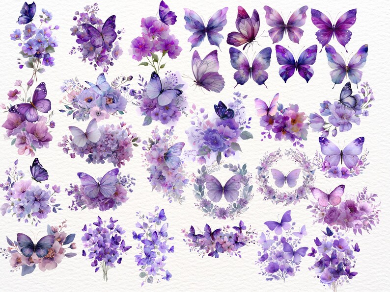 Purple Butterfly Flower Clipart Set: 45 PNG Set, Floral Watercolor Art ...
