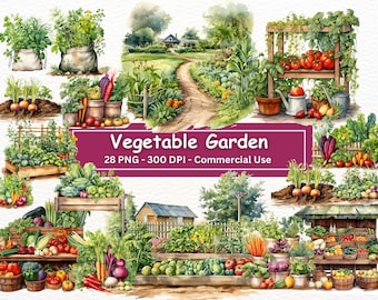 Vegetable Garden Clipart Bundle, Set Of 28 PNGs, Watercolor Vegetables, Digital Download, Card Making, Digital Paper Craft, Commercial Use
