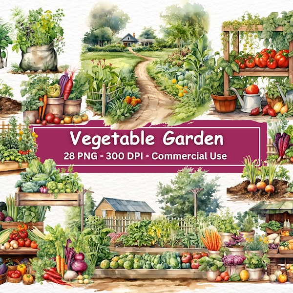 Vegetable Garden Clipart Bundle, Set Of 28 PNGs, Watercolor Vegetables, Digital Download, Card Making, Digital Paper Craft, Commercial Use