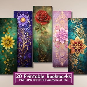 Himmlische Blumen druckbare Lesezeichen Bündel, Set von 20 PNG/JPG, Florale Sublimation, Cricut, Silhouette drucken und schneiden, kommerzielle Nutzung