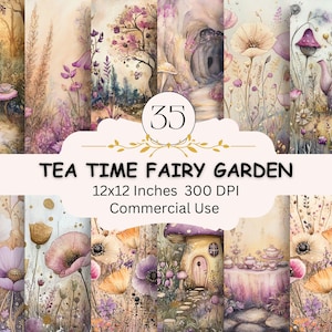 Tea Time Fairy Garden Digitales Papierpaket, 35 JPG-Set, Verzaubertes Märchenblumenpapier, Feenhäuser, Pilze, Teekanne, Junk-Journal