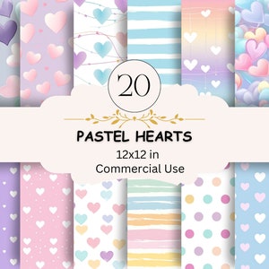 Paquete de papel de corazones sin costuras, 20 imágenes JPEG, paquete de papel de collage de corazones, páginas de scrapbooking, fabricación de tarjetas, artesanía de papel digital, uso comercial