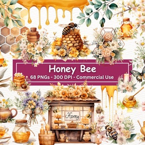 Bundle de cliparts aquarelle abeille, bourdon PNG lot de 68, Invitation abeille clipart, peigne de miel, gouttes de miel, usage Commercial