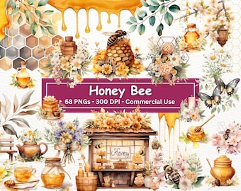 Watercolor Honey Bee Clipart Bundle, PNG Bumble Bee Set Of 68, Bee Clip Art Invitation, Honey Comb, Honey Drips, Commercial Use