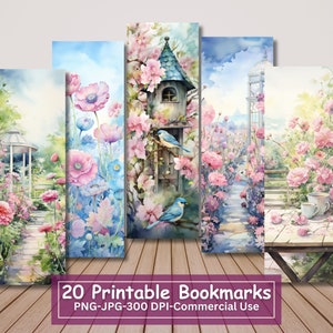 Aquarell Garten druckbare Lesezeichen Bundle, Set von 20 PNGs, JPG Blätter, Blumen Lesezeichen Set, Floral Sublimation, kommerzielle Nutzung