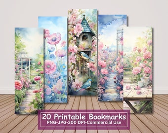 Marque-pages aquarelle jardin fleuri : 20 modèles imprimables (PNG, JPG)