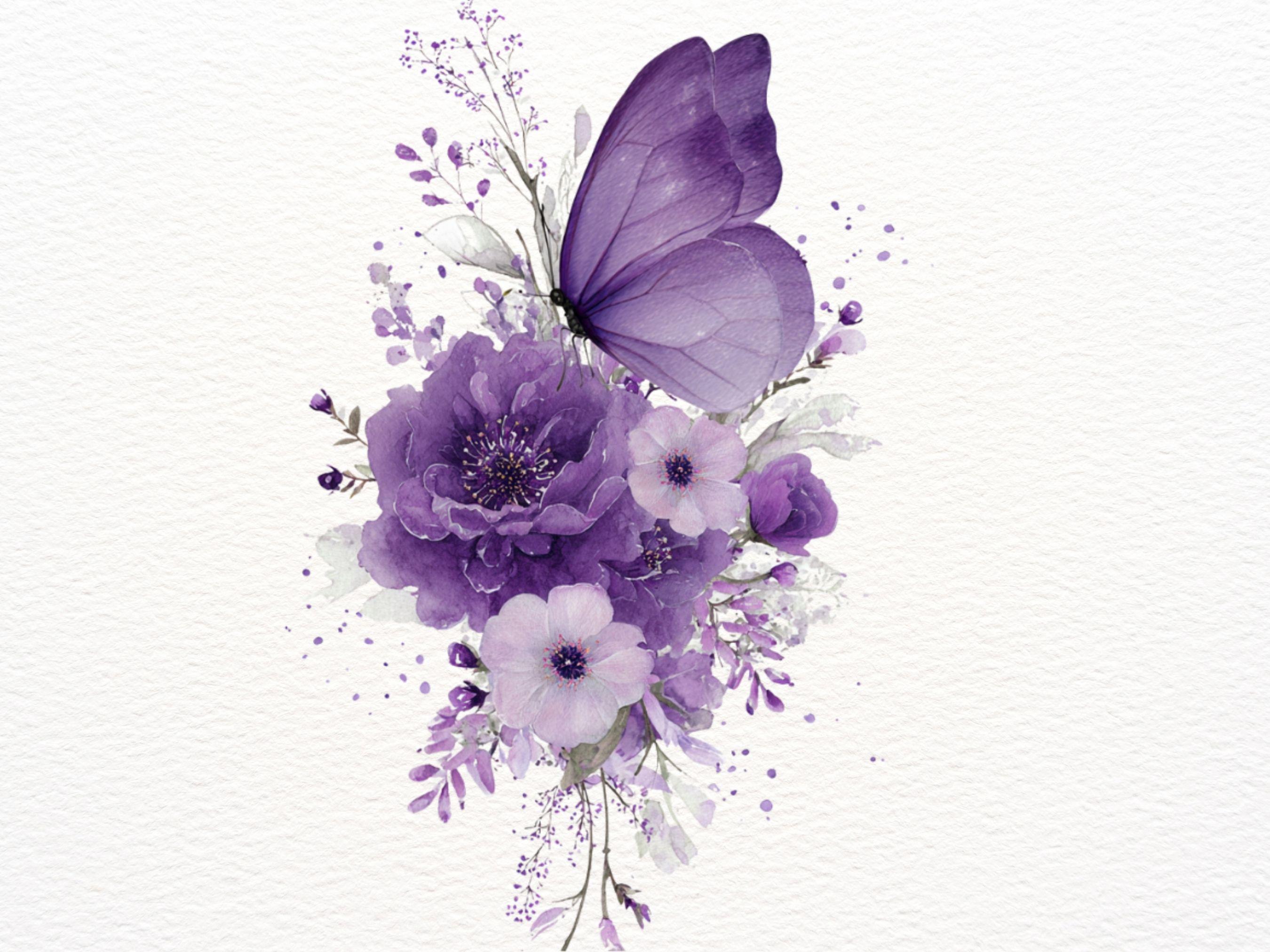Purple Butterfly Flower Clipart Set: 45 PNG Set, Floral Watercolor Art ...