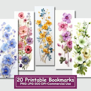 Gepresste Blumen Lesezeichen Bundle, Lesezeichen Set von 20 PNG/JPG, Sublimation, Cricut, Silhouette Druck und Schnitt, kommerzielle Nutzung