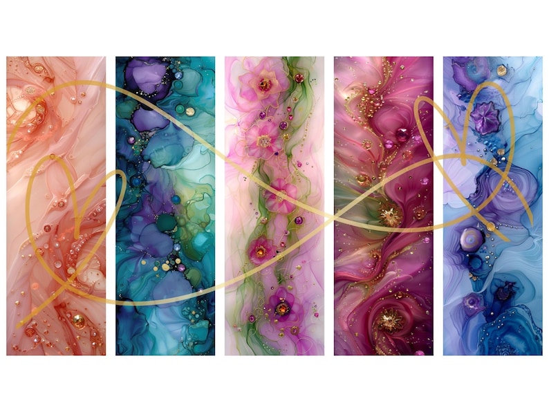 Op de afbeelding: Vijf abstracte kunstprints met een gouden swirl-ontwerp. De prints tonen een verscheidenheid aan kleuren, waaronder roze, paars, blauw en groen. De prints zijn perfect om elke kamer een vleugje kleur en whimsy te geven.