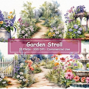 Aquarell Garten Pfad Clipart Bundle, 12 PNG Bilder, kommerzielle Nutzung, Blumengarten digitaler Download, Junk Journal, Scrapbook, Pflanze PNGs