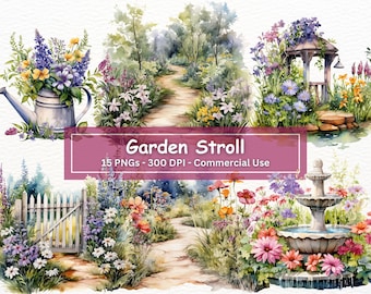 Paquete de imágenes prediseñadas de camino de jardín de acuarela, 12 imágenes PNG, uso comercial, descarga digital de jardín floral, diario basura, álbum de recortes, PNG de plantas