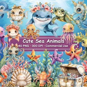 Cute Sea Animals Clipart, Set Of 40 PNGs, Under The Sea, Coral, Fish, Octopus, Jellyfish, Whale, Dolphin, Turtle, Seahorse, Starfish, Crab