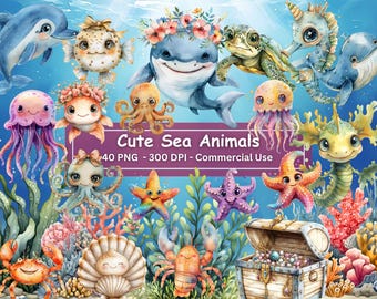 Clipart animaux marins, 40 images PNG (téléchargement numérique)