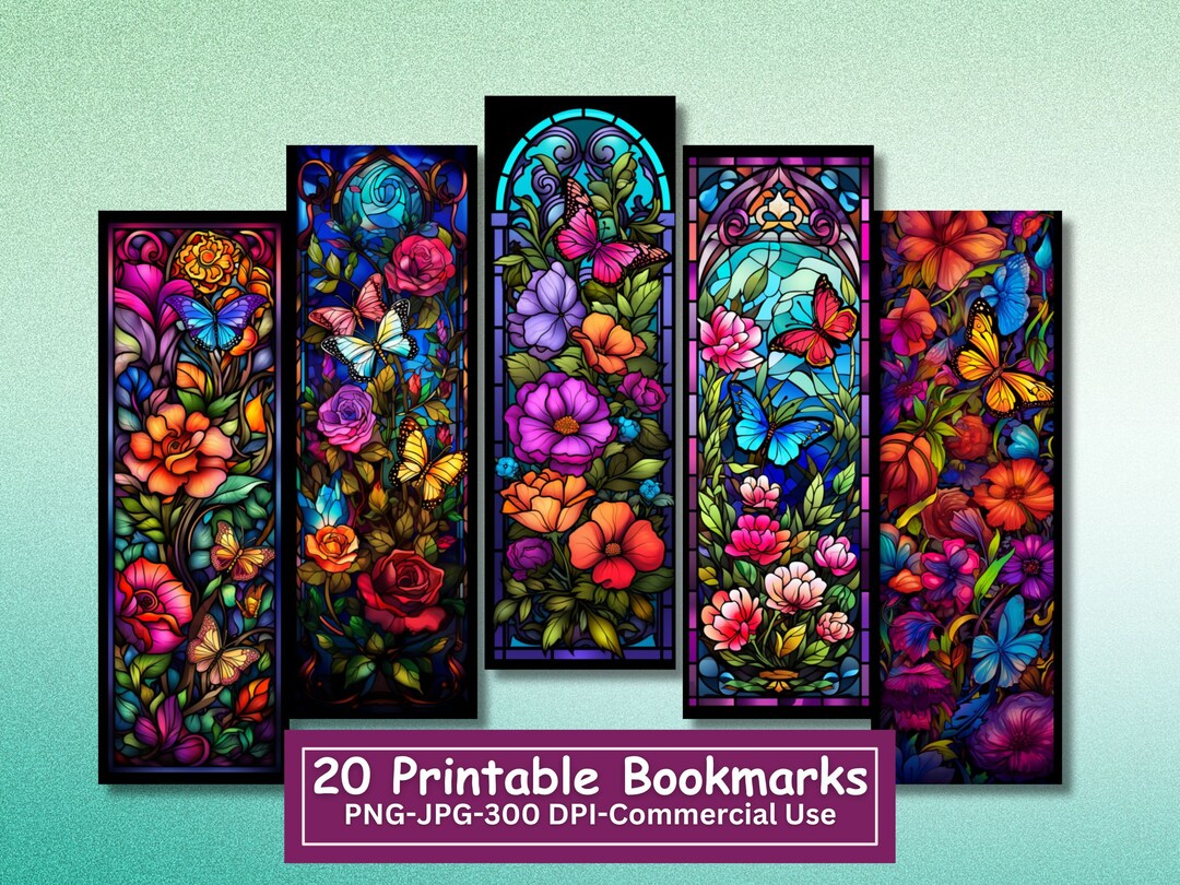 Stained Glass Butterfly Bookmarks: Floral Printable Set (PNG/JPG) - Etsy