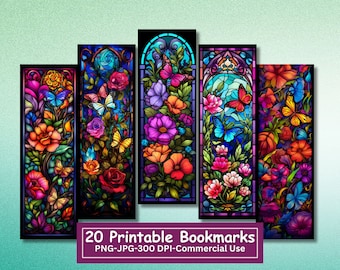Stained Glass Butterfly Bookmarks: Floral Printable Set (PNG/JPG)