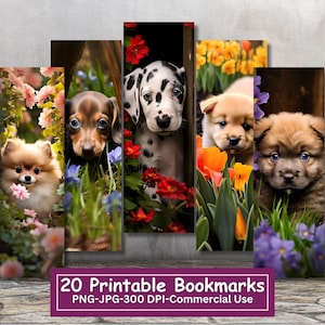 Peek-a-boo Puppies Printable Bookmarks Bundle, Set Of 20, JPG Bookmark Sheets, Dog PNG Bookmark Sublimation, Print and Cut Bookmark Set