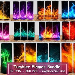 Pacchetto di texture di sfondo con fiamme di fuoco e tumbler al neon con colori arcobaleno, confezione di carta digitale con fiamme verdi, blu, rosse, arancioni, rosa e viola