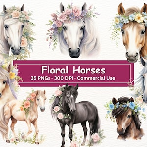 水彩花柄馬クリップ アート バンドル、馬 PNG 35 枚セット、保育園アート、カード作成、ウォール アート、子供向け馬アート、昇華