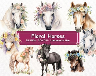 Watercolor Floral Horse Clipart Bundle: 35 PNGs (Digital Download)