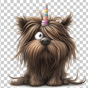 May include: A brown, furry dog with a rainbow unicorn horn on its head. The dog has a surprised expression and is looking up.