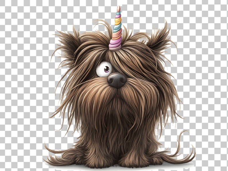 May include: A brown, furry dog with a rainbow unicorn horn on its head. The dog has a surprised expression and is looking up.