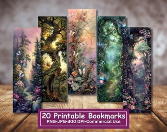 Enchanted Forest Fairies And Butterflies Printable Bookmarks Bundle, Set Of 20 PNG/JPG, Sublimation, Cricut, Silhouette Print And Cut