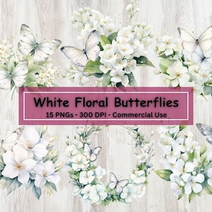 Clipart de borboleta floral branco, 15 PNGs, arte de berçário de flores de borboleta, convites de casamento, criação de cartões, clip art, artesanato em papel digital