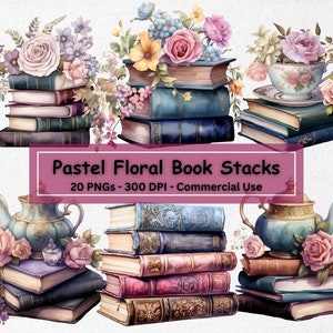 Pastel Watercolor Floral Books Clipart, Book Bundle, Set Of 20 PNGs, Vintage Book Stack Clip Art, Library,  Old Books, Book Lover Clipart