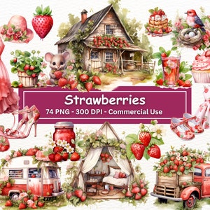 Aquarel aardbei clipart bundel, PNG set van 74, aardbeien illustraties, rustieke taart, kabouter, cake, fruitmand, tuin, commercieel gebruik