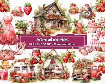 Watercolor Strawberry Clipart Bundle, PNG Set Of 74,  Strawberries  Clip Art, Rustic Pie, Gnome, Cake, Fruit Basket, Garden, Commercial Use